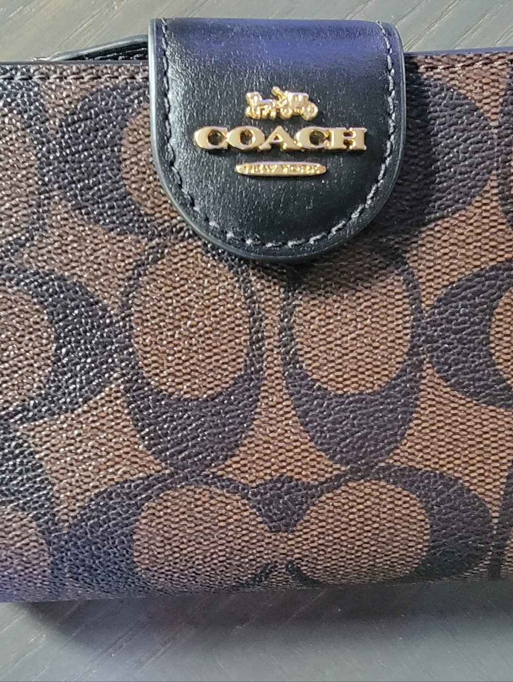 Coach Brown Signature Canvas Wallet with Black Trim and Gold Hardware